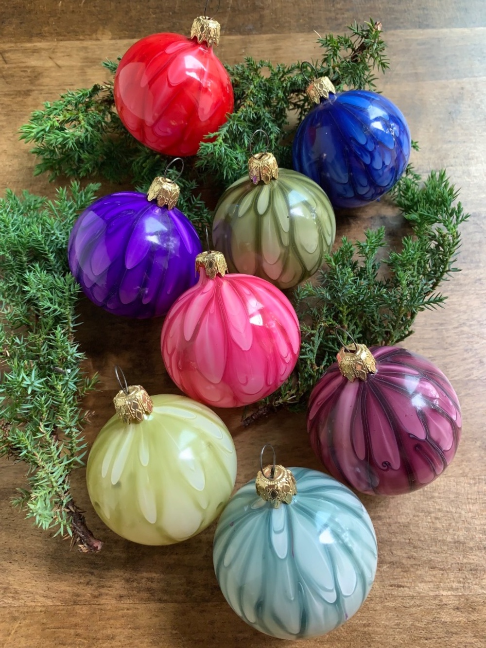 Vintage Hand-Blown Glass Christmas Ornaments – Set of 8 – Marbled Jewel Tones